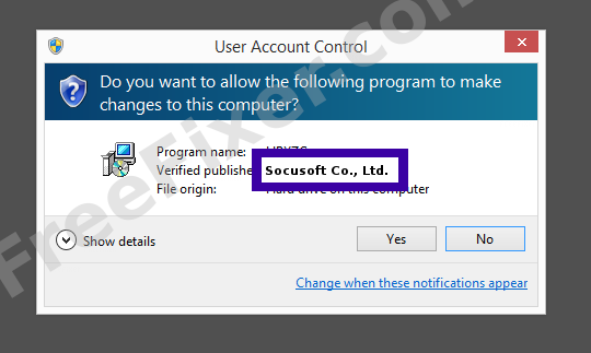 Screenshot where Socusoft Co., Ltd. appears as the verified publisher in the UAC dialog